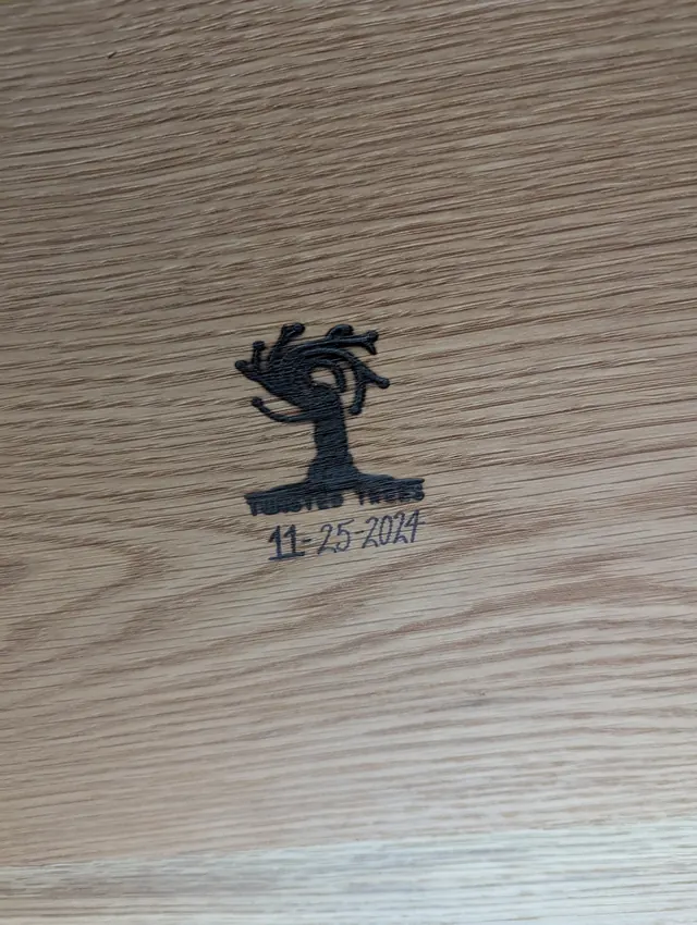 Twisted Trees maker's mark, signed and dated on the underside of a table