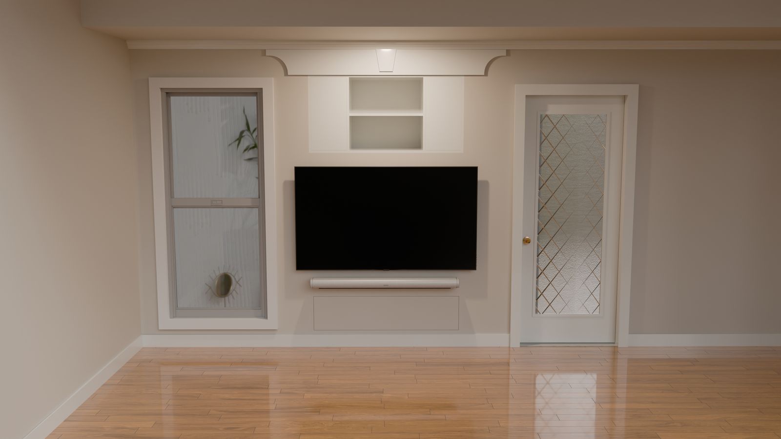 3D render of a built-in entertainment center with display shelving
