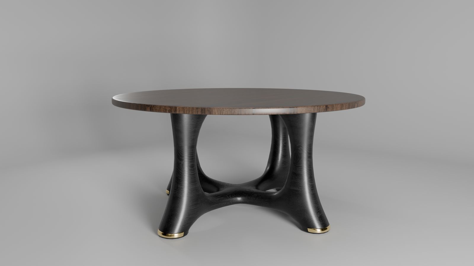3D render of a round walnut table with an alternate base design, front view