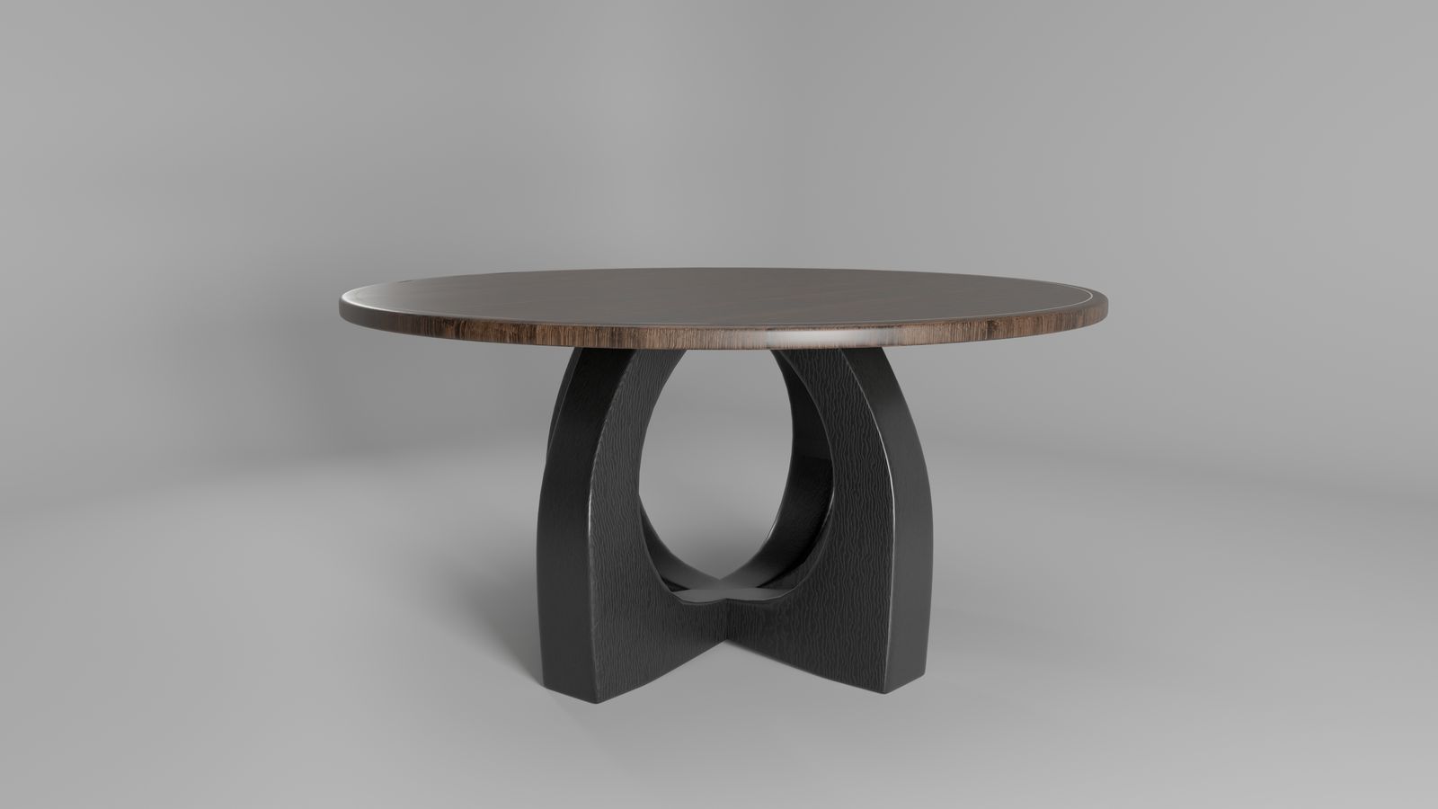3D render of a round walnut dining table with an arched base, front view