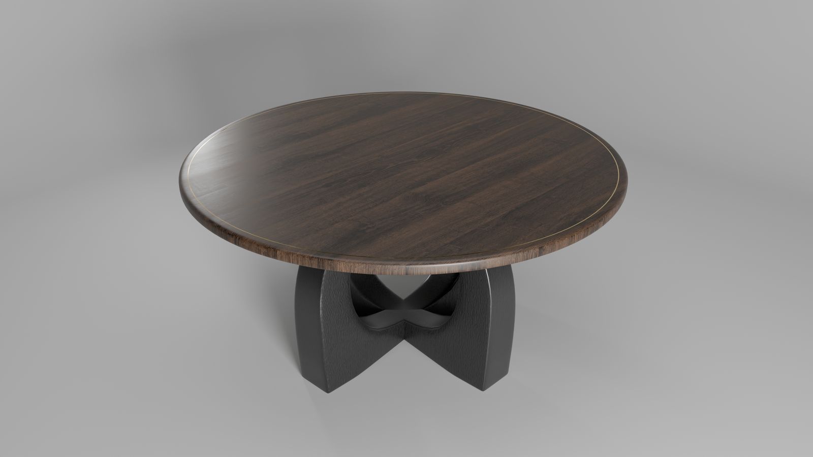 3D render of the walnut tabletop from above showing the brass inlay ring