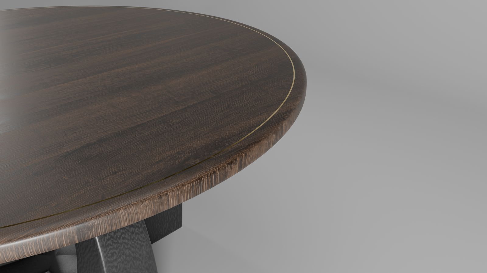 3D render of a sculptural black table base with brass feet