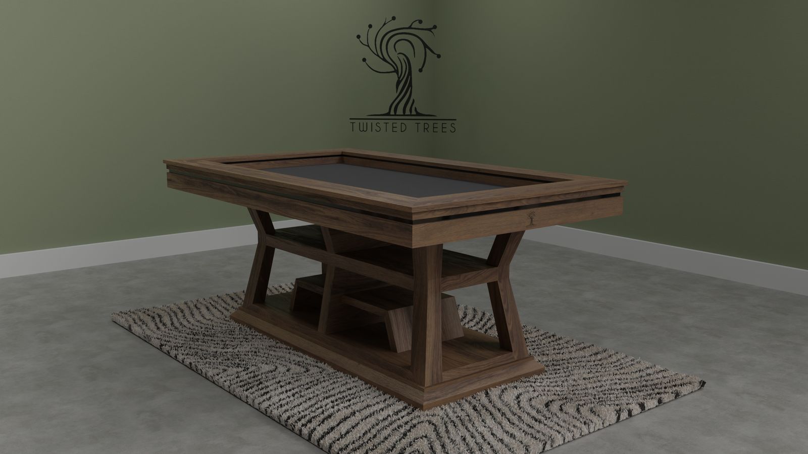 3D render of a walnut board game table, front view