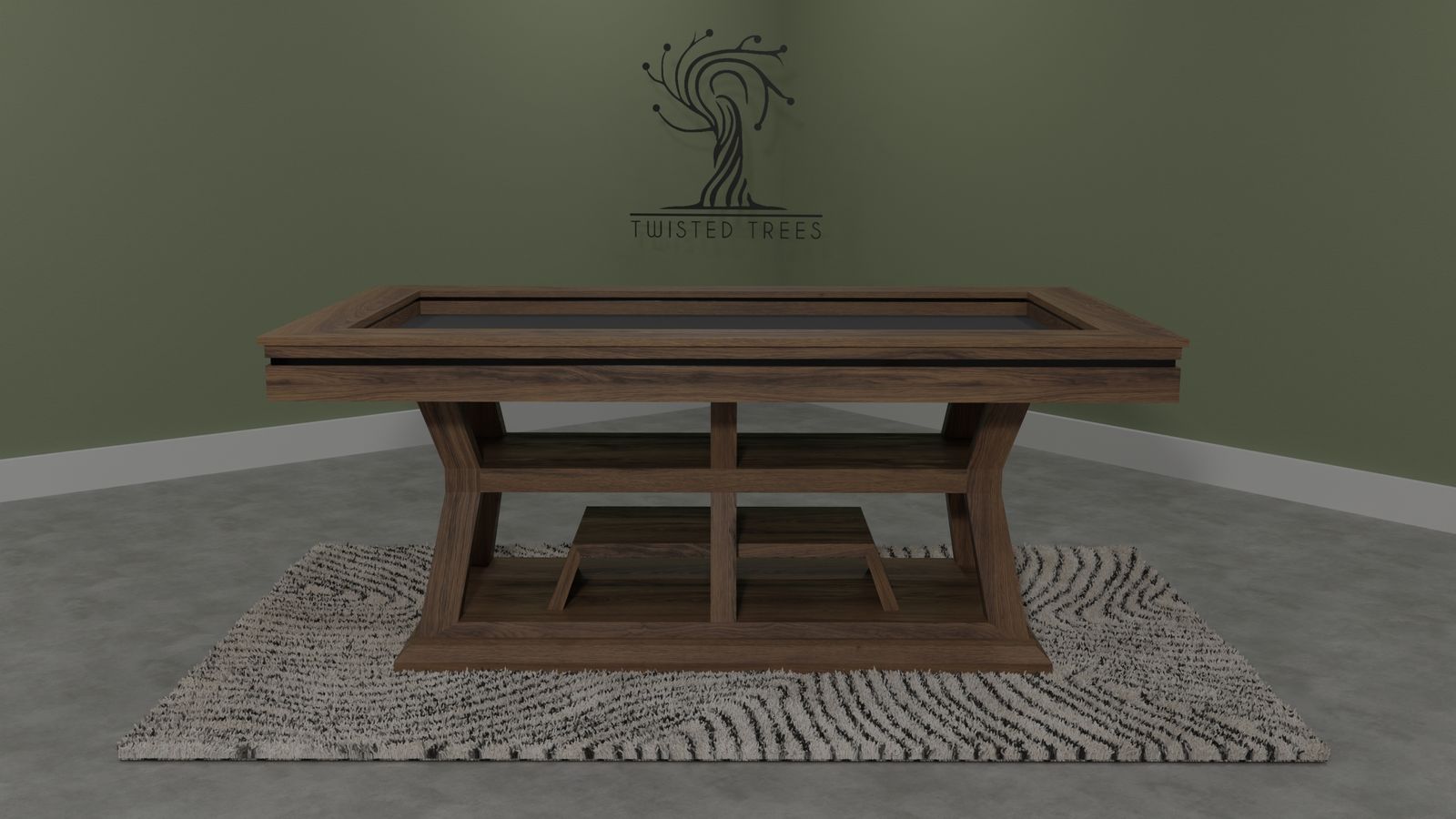 3D render of a walnut board game table in side profile